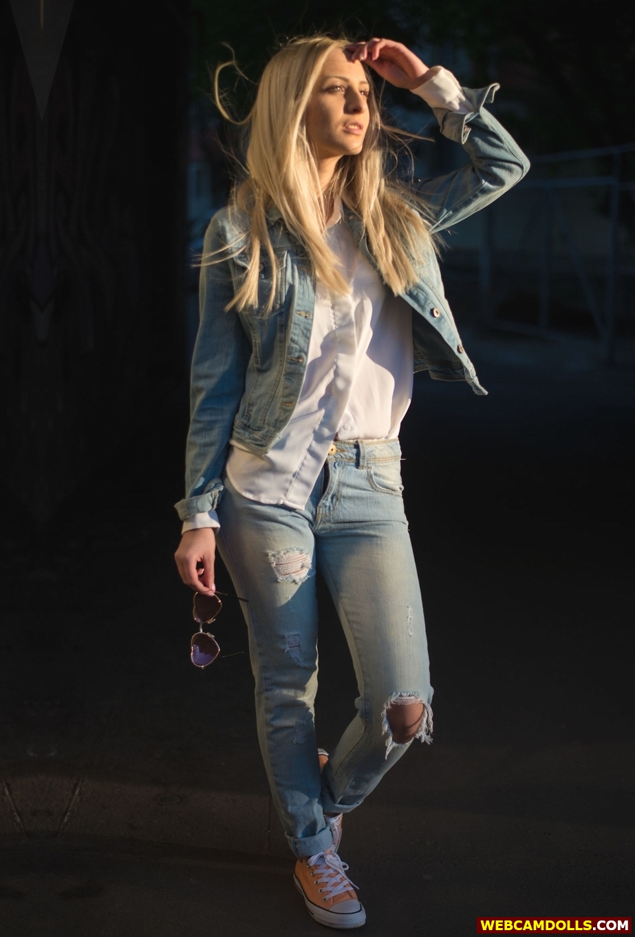 Blonde Girl in Ripped Blue Jean and Blue Denim Jacket on Webcamdolls